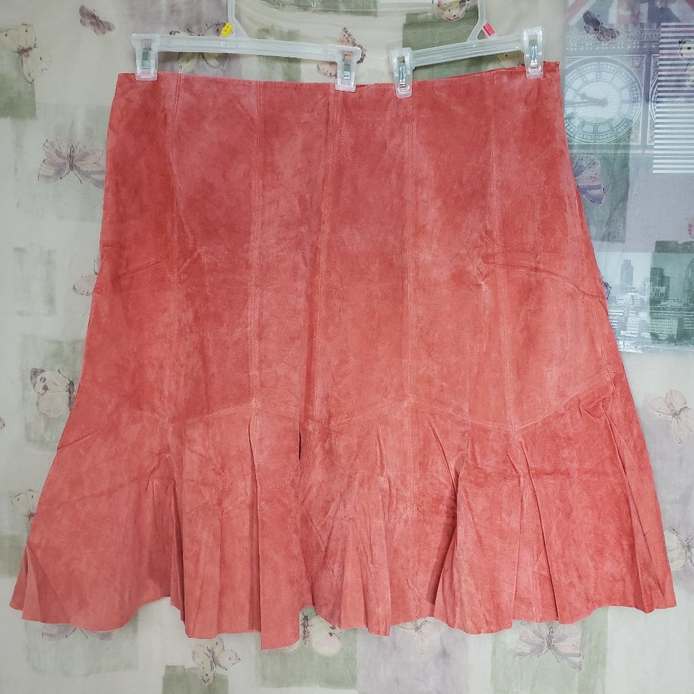 Brick color genuine leather suede flare skirt